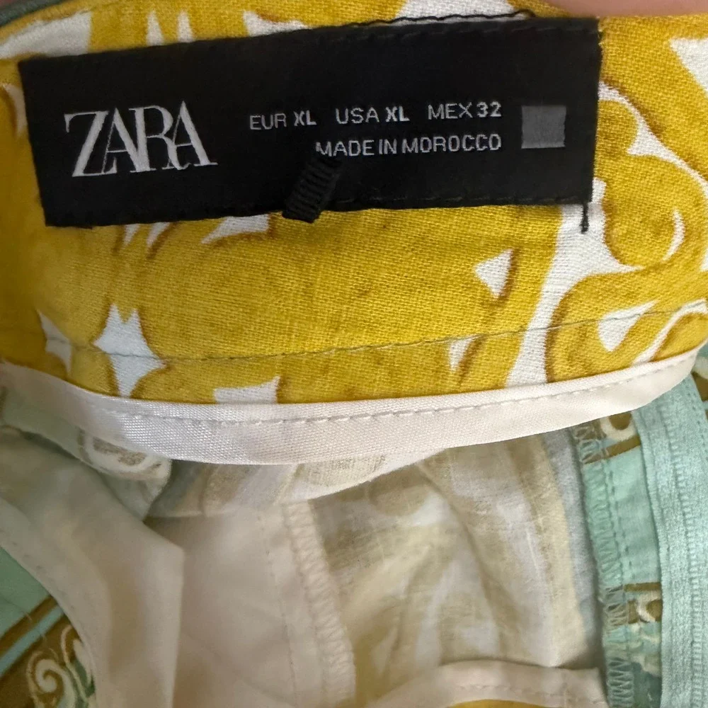 Zara Medallion Tile Print Wide Leg Linen Blend Pants Yellow Teal XL